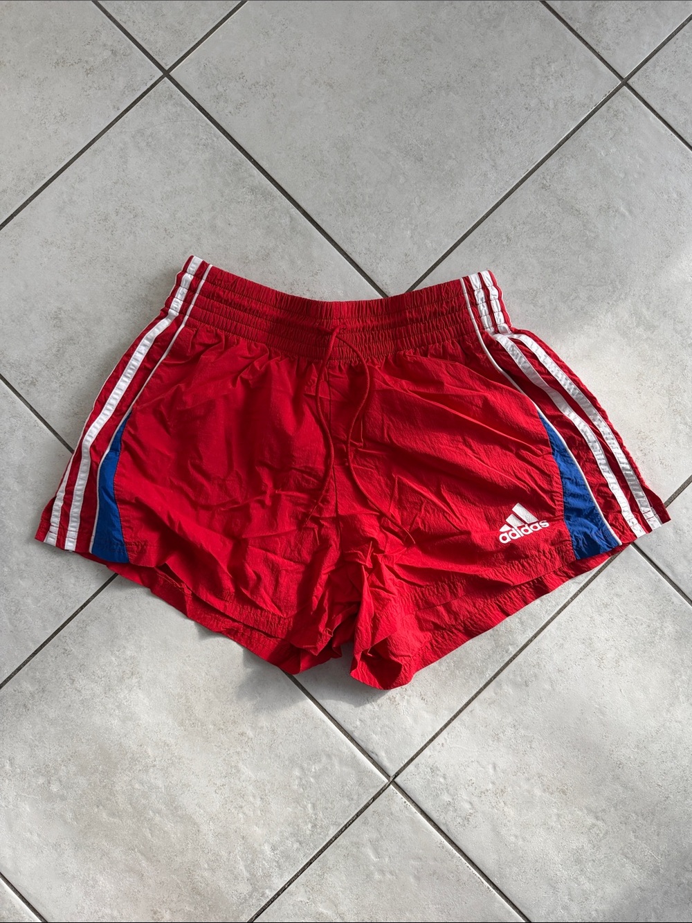 adidas Red Women's Athletic Shorts with Blue & White Trim